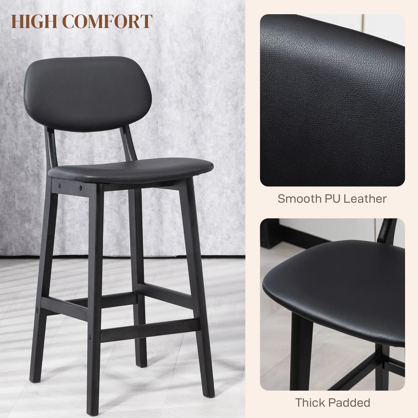 PU Leather Bar Stools Set of 2, Counter Height with Footrest, Solid Wood Legs, Black Bar Stools at Gallery Canada
