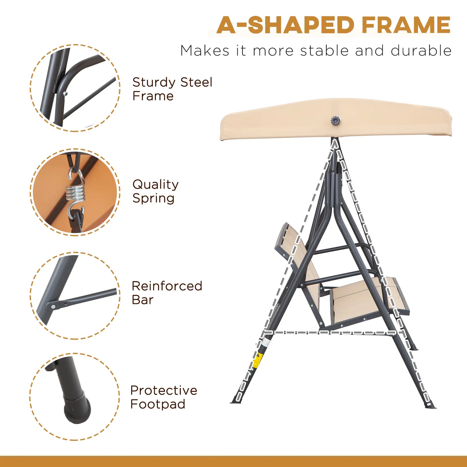 3-Seater Swing Chair, Covered Garden Hammock, A-Frame, Beige Patio Swings with Stand at Gallery Canada