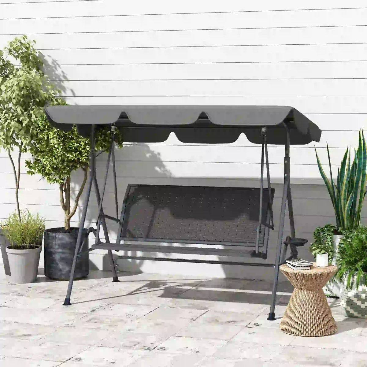 3-Seat Patio Swing Chair, Outdoor Canopy Swing Glider, Adjustable Shade, Grey Patio Swings with Stand at Gallery Canada