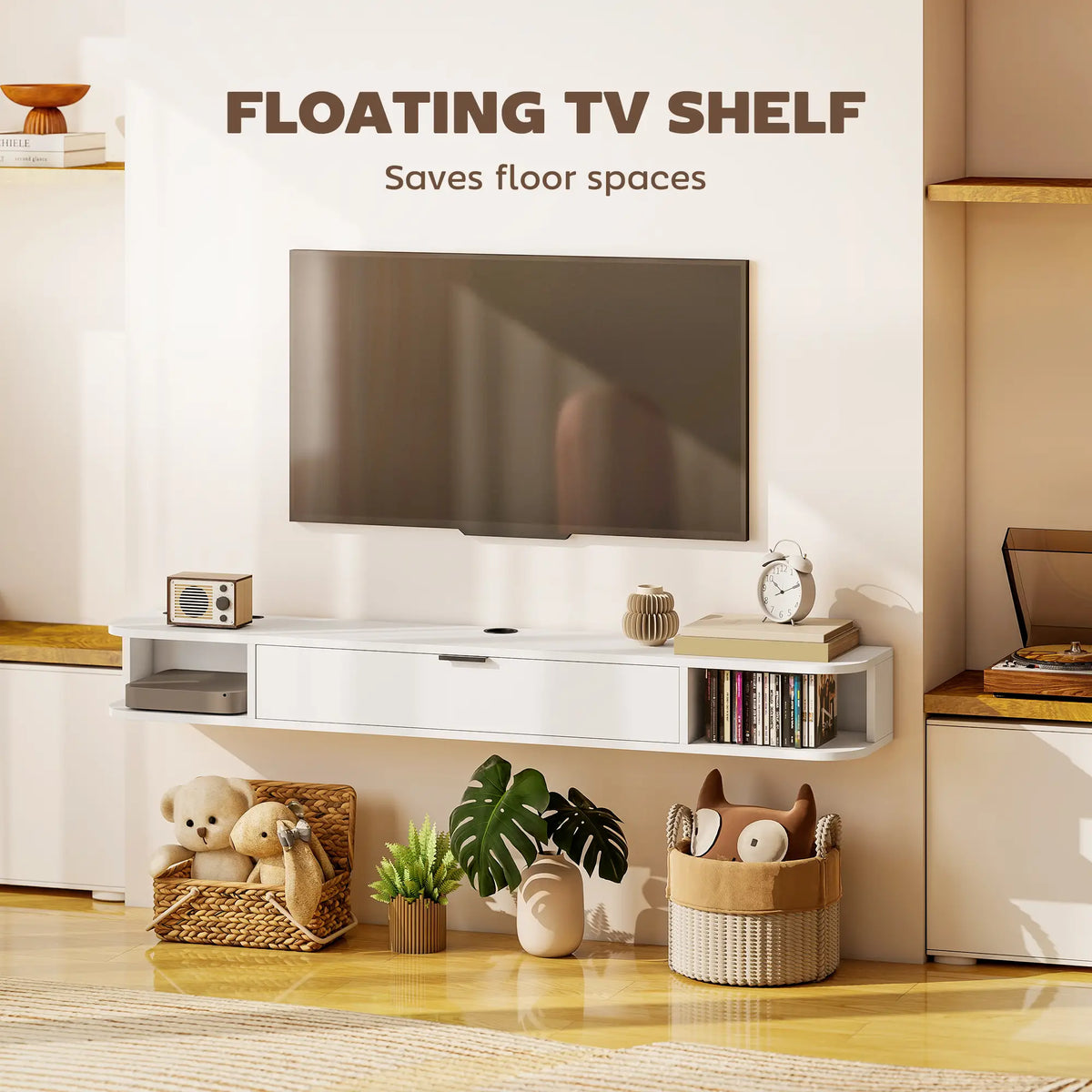 55 Inch Floating TV Stand, Wall Mounted Media Console, Flip Drawer, 2 Shelves, White TV Stands at Gallery Canada