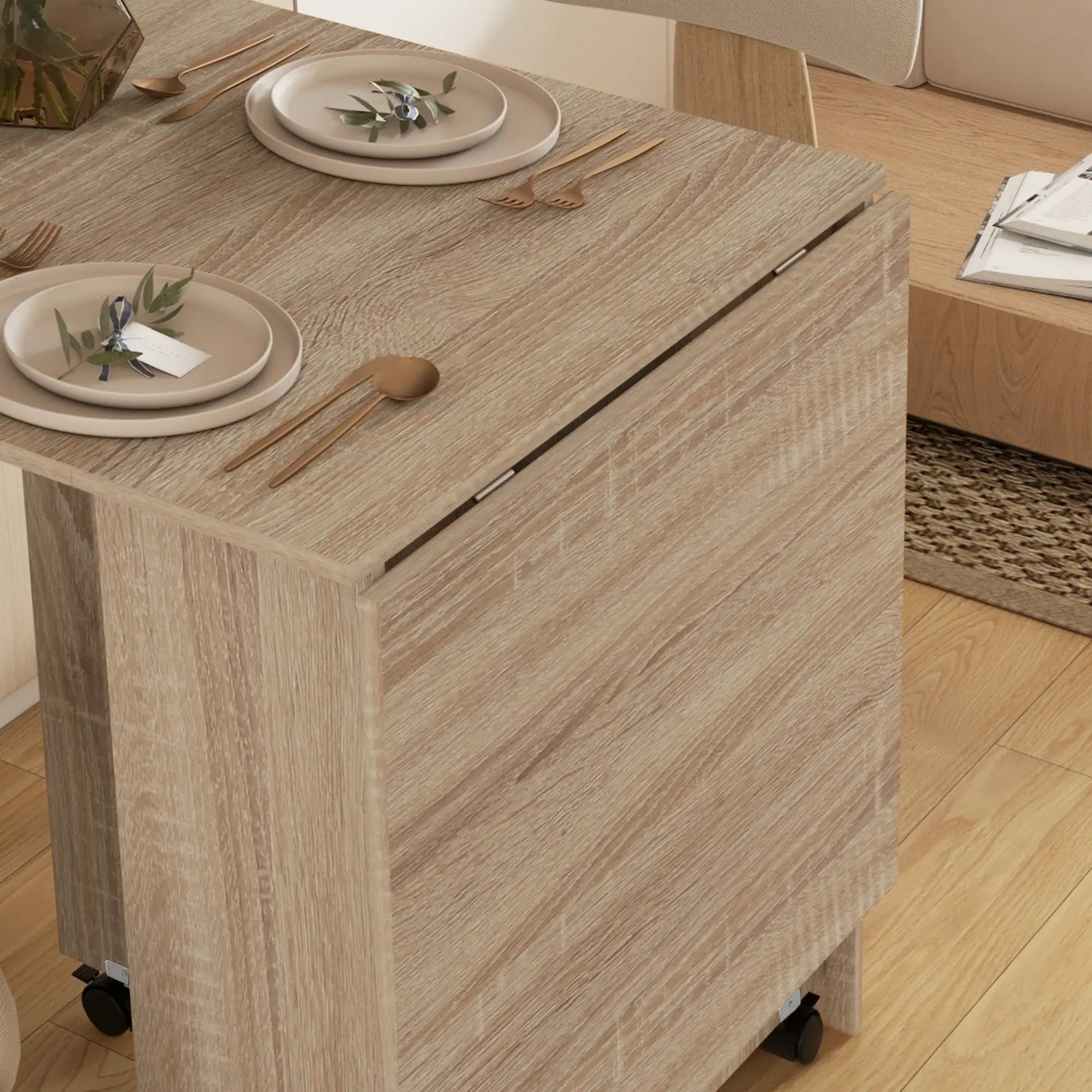 Extendable Dining Table, Collapsible w/ 2-Tier Shelves, Rolling Casters, Nature Wood Dining Tables at Gallery Canada