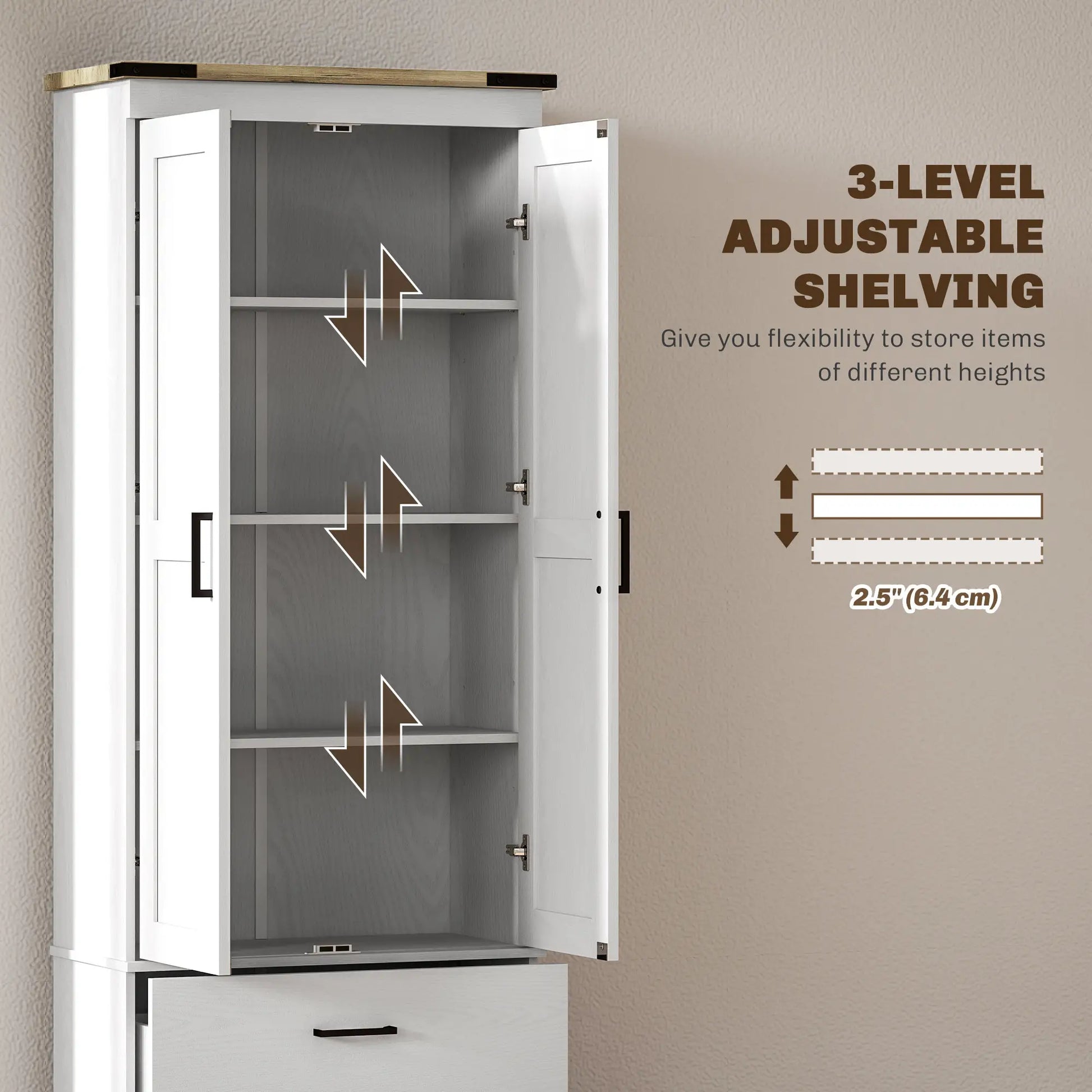 67" Tall Kitchen Pantry Cabinet, Doors, Drawers, Adjustable Shelves, Cream White Kitchen Pantry Cabinets at Gallery Canada