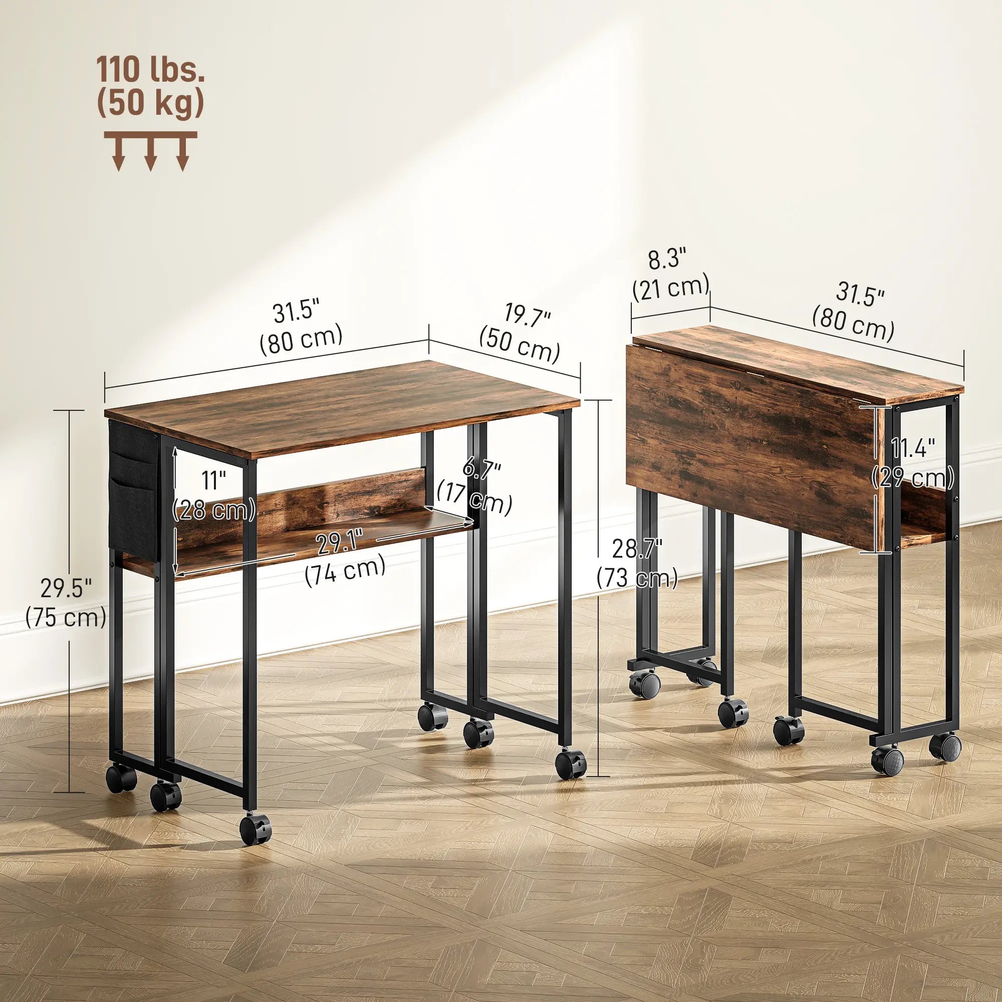 Folding Computer Desk with Storage Bag, Shelf and Wheels, Rustic Brown Writing Desks at Gallery Canada
