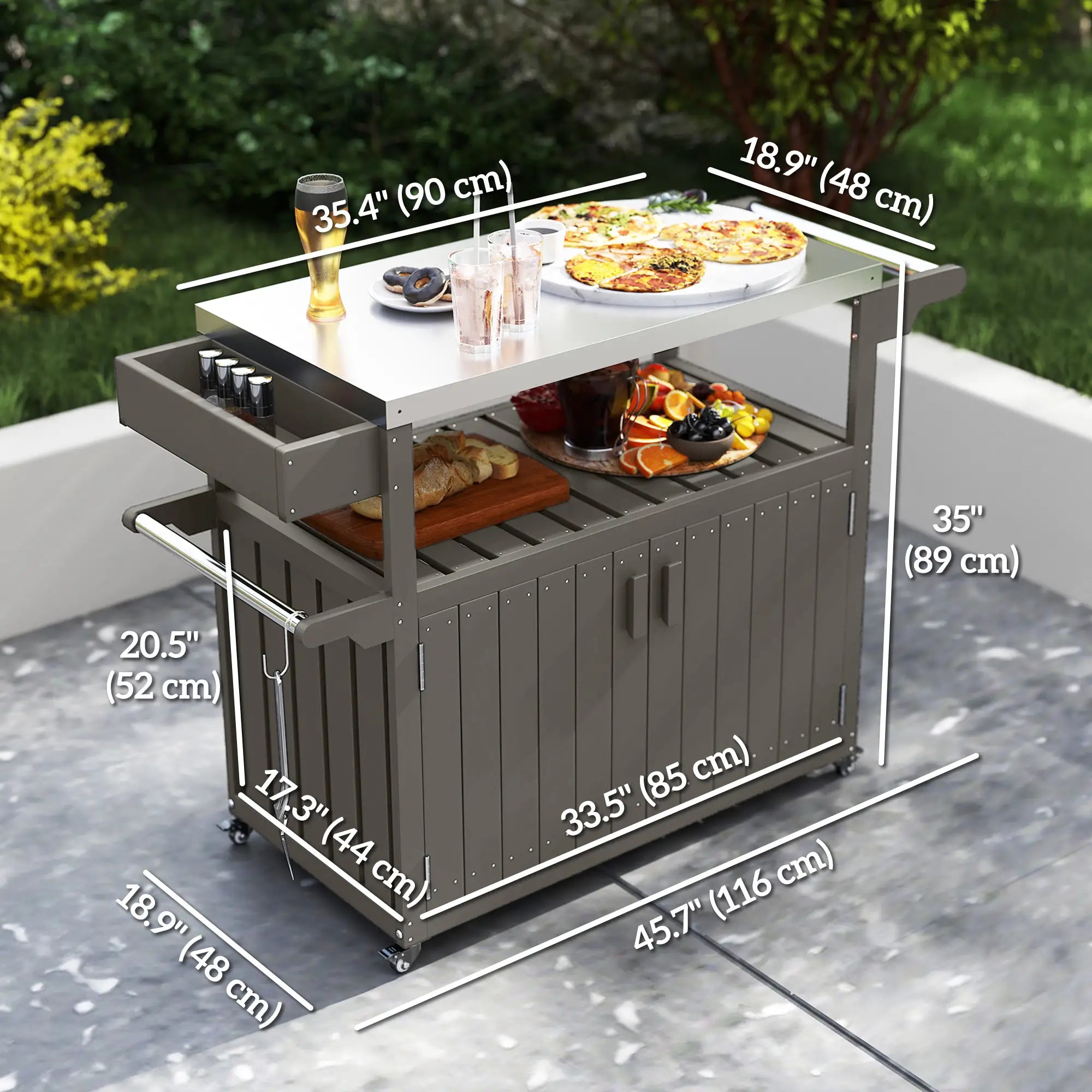 Outdoor Bar Cart With Storage Cabinet, Stainless Steel Table Top, Wheeled HDPE Kitchen Island Outdoor Grill Carts at Gallery Canada