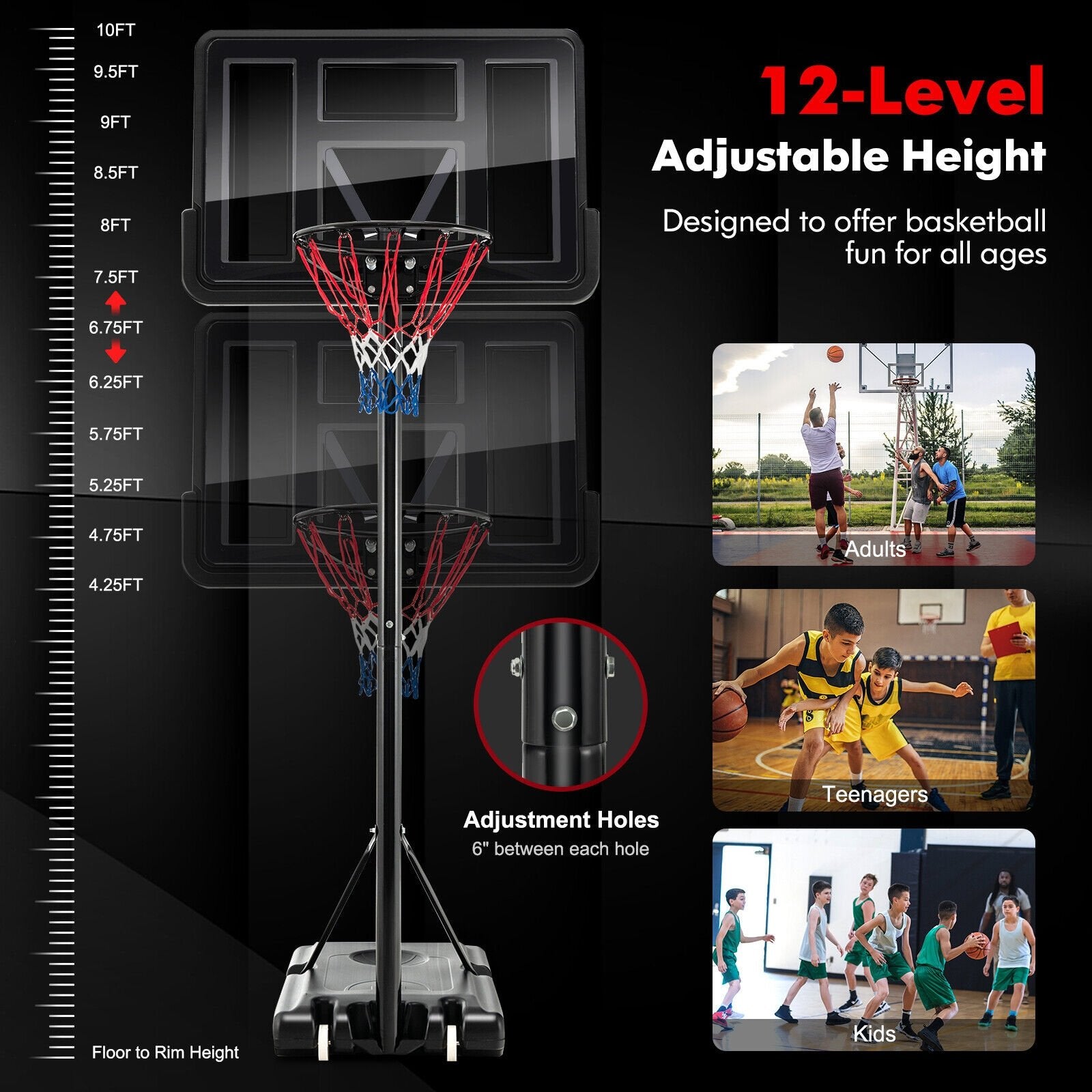 4.25-10 Feet Adjustable Basketball Hoop System with 44 Inch Backboard-A, Black - Gallery Canada