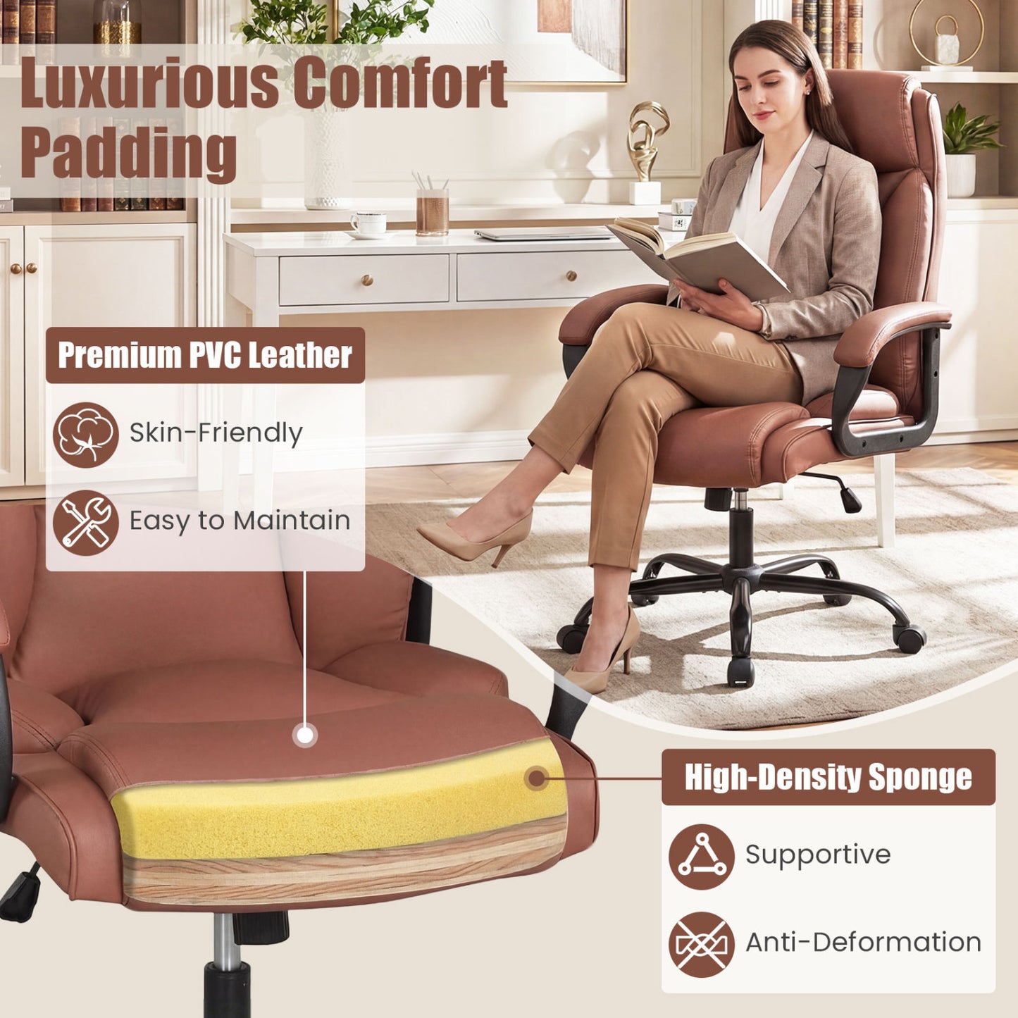 400LBS Big And Tall Executive Chair, Ergonomic Leather Computer Chair, Brown Big and Tall Chairs at Gallery Canada