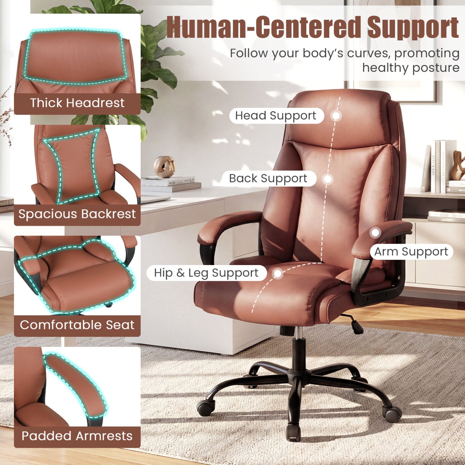 400LBS Big And Tall Executive Chair, Ergonomic Leather Computer Chair, Brown Big and Tall Chairs at Gallery Canada