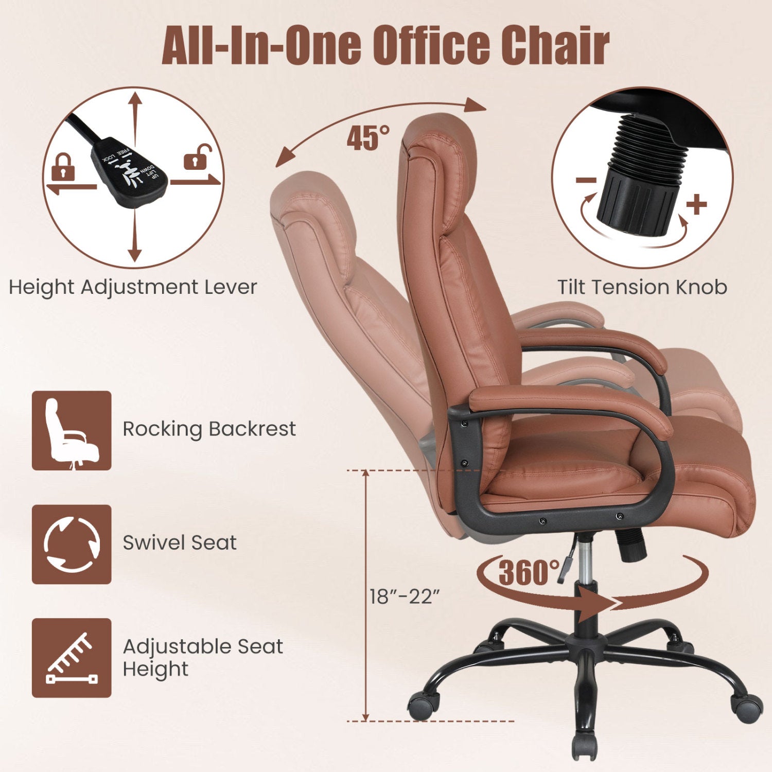 400LBS Big And Tall Executive Chair, Ergonomic Leather Computer Chair, Brown Big and Tall Chairs at Gallery Canada