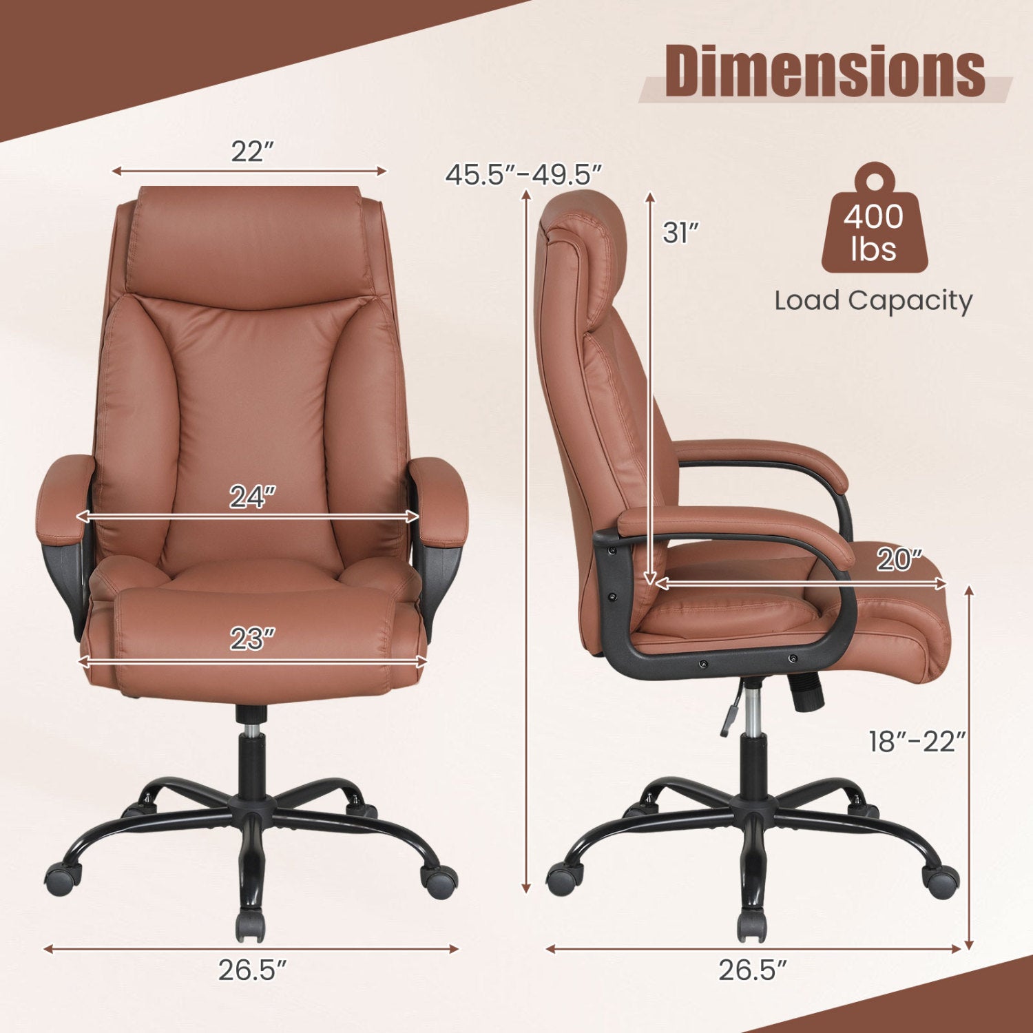 400LBS Big And Tall Executive Chair, Ergonomic Leather Computer Chair, Brown Big and Tall Chairs at Gallery Canada