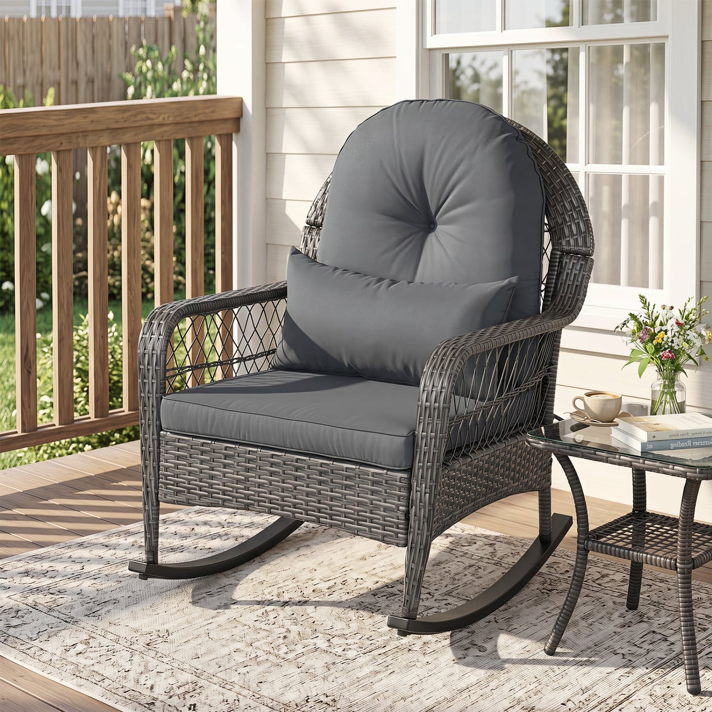 400 Lbs Patio Rattan Rocker Chair with Anti-Tip Stoppers, Gray