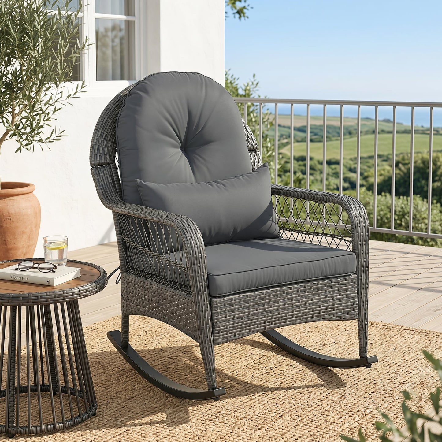 400 Lbs Patio Rattan Rocker Chair with Anti-Tip Stoppers, Gray