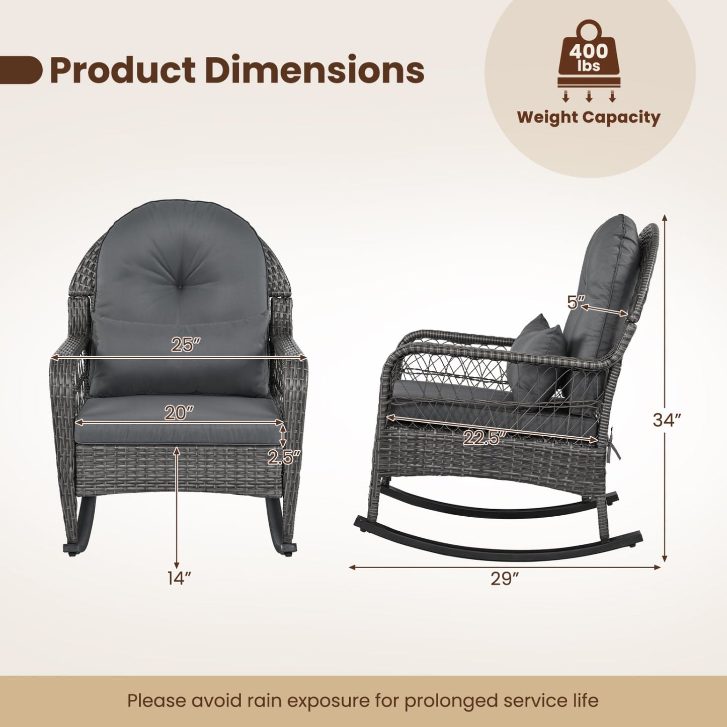 400 Lbs Patio Rattan Rocker Chair with Anti-Tip Stoppers, Gray