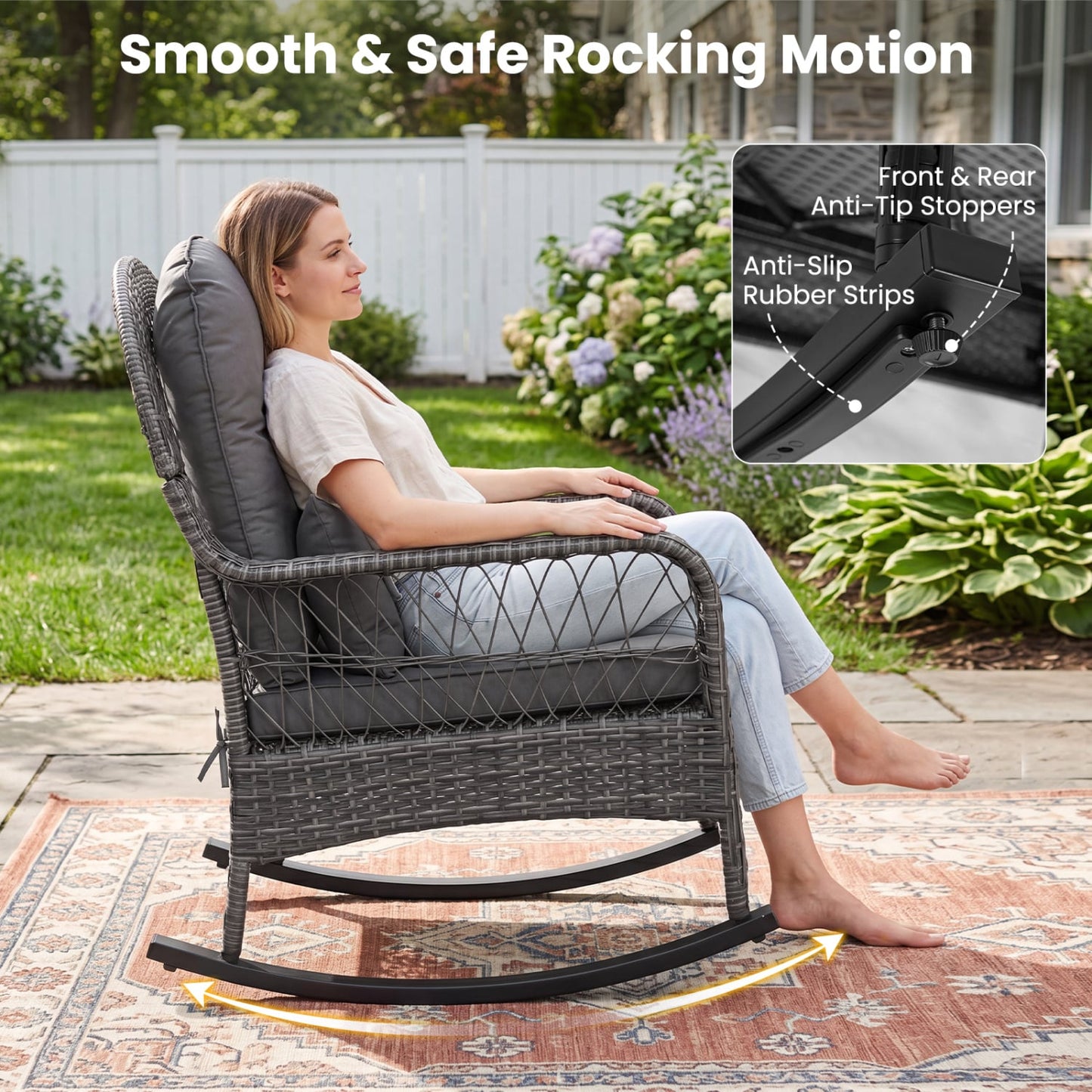 400 Lbs Patio Rattan Rocker Chair with Anti-Tip Stoppers, Gray