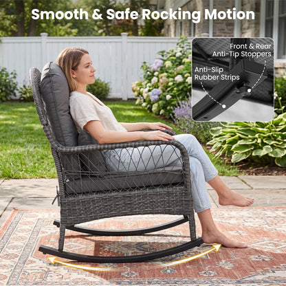 400 Lbs Patio Rattan Rocker Chair with Anti-Tip Stoppers, Gray