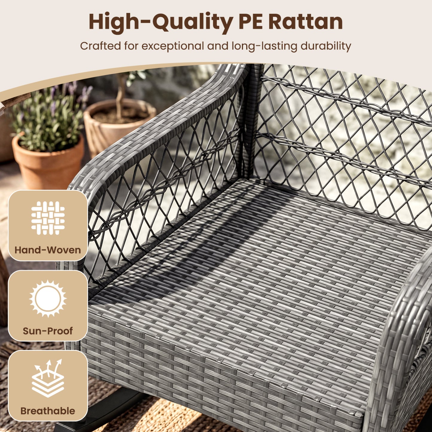 400 Lbs Patio Rattan Rocker Chair with Anti-Tip Stoppers, Gray