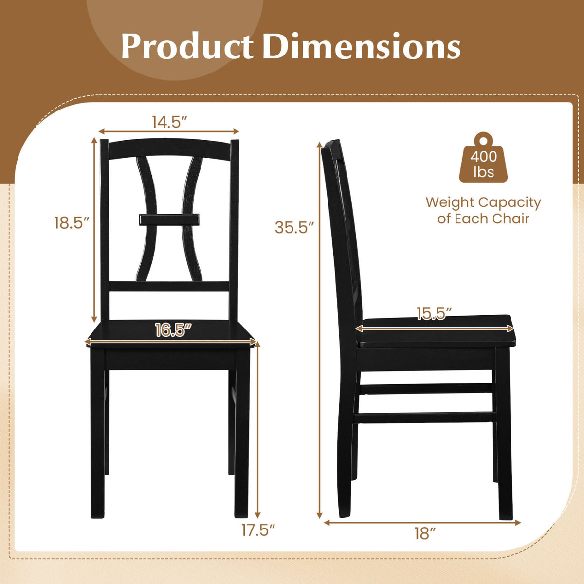 Set of 2 Dining Chairs, 400 lbs Capacity, Rubber Wood, Black