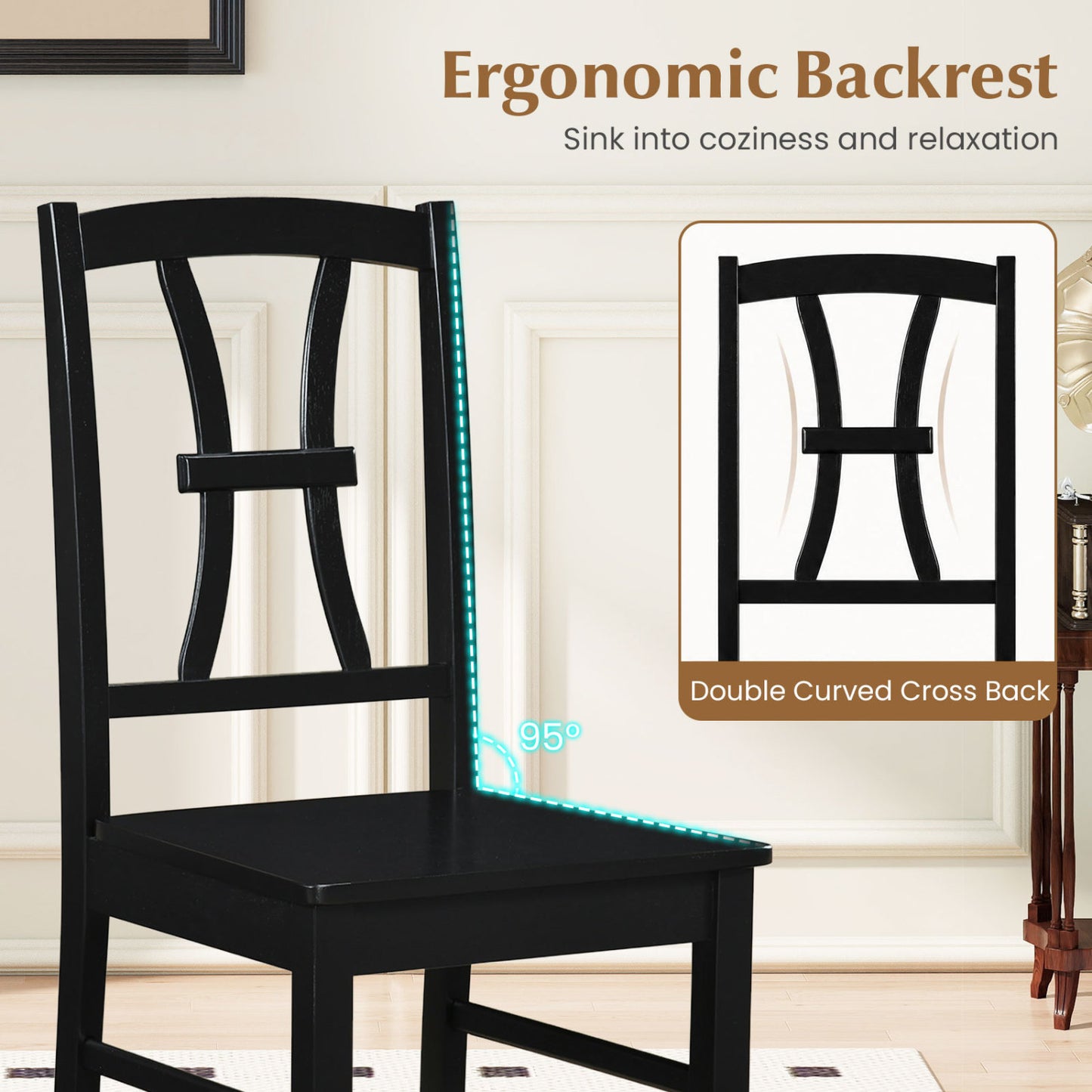 Set of 2 Dining Chairs, 400 lbs Capacity, Rubber Wood, Black