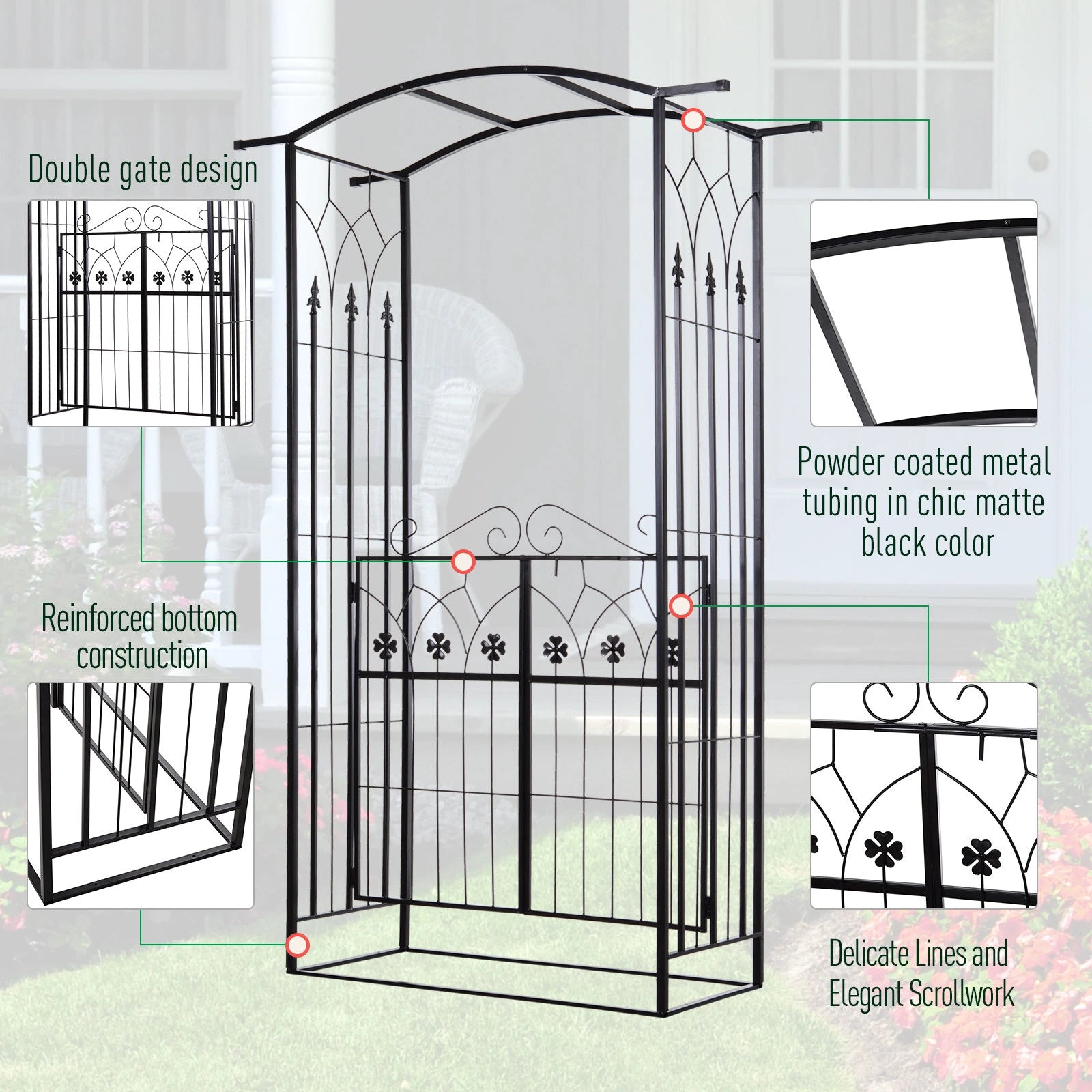 Metal Trellis Garden Arch Arbor, Lucky Leaf Clover Gate, Black Garden Arches at Gallery Canada