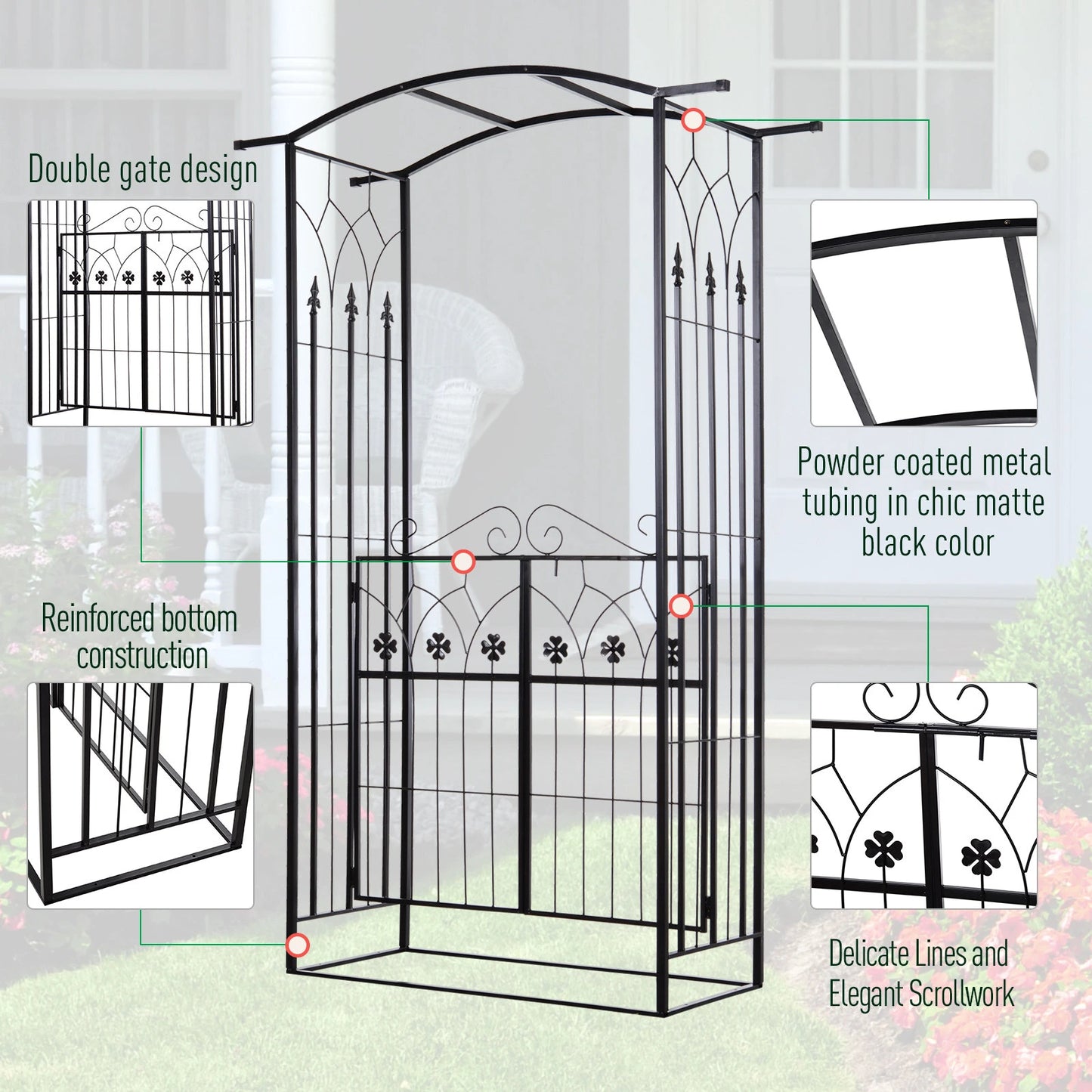 Metal Trellis Garden Arch Arbor, Lucky Leaf Clover Gate, Black Garden Arches at Gallery Canada