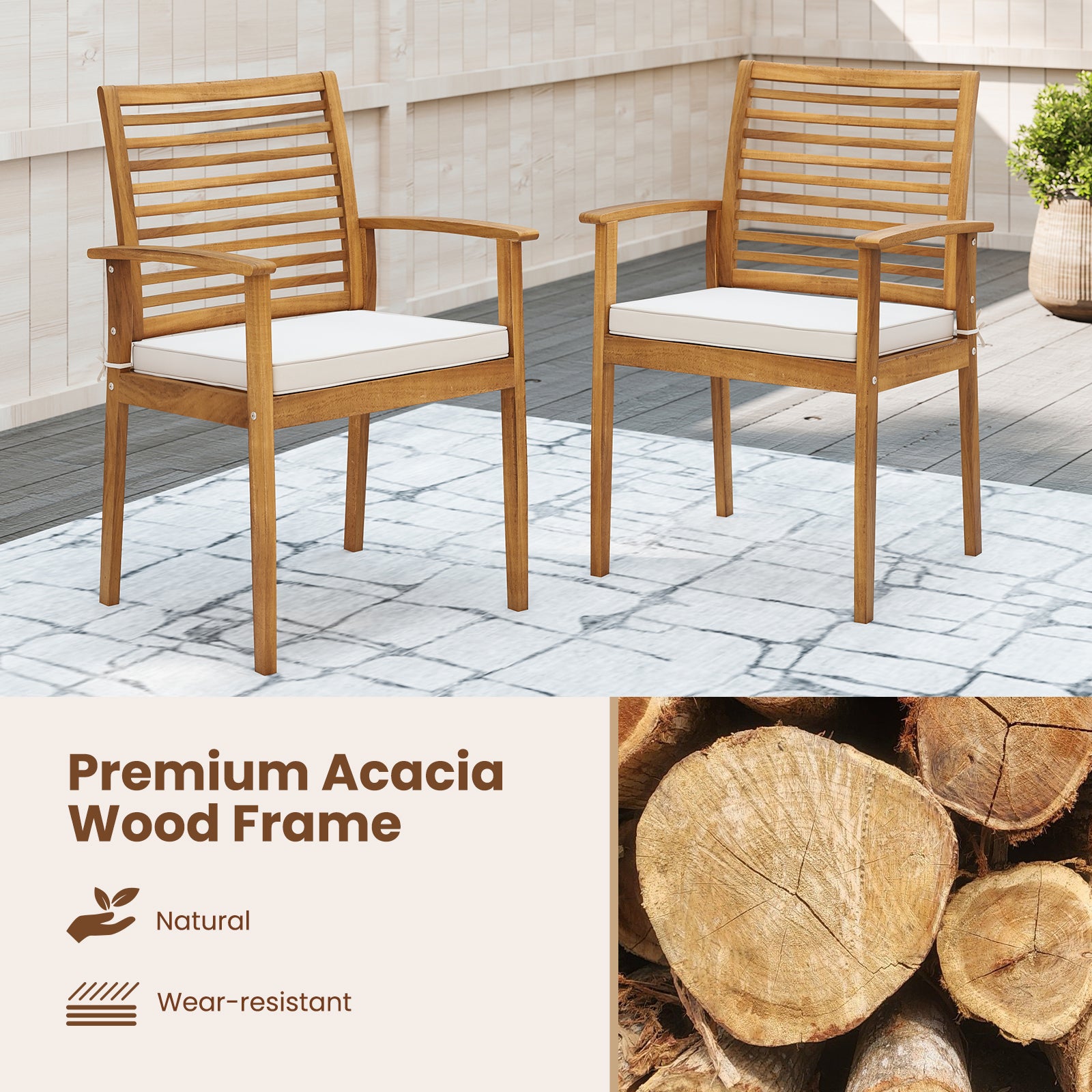 Outdoor Patio Dining Chairs Set of 2 with Removable Padded Cushion and Slatted Backrest, Beige Patio Dining Chairs at Gallery Canada