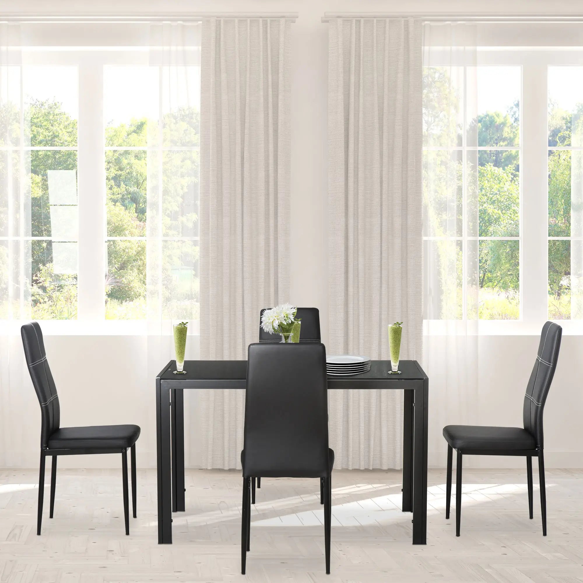 5-Piece Rectangular Glass Dining Table, Metal Frame, Faux Leather Chairs, Black Bar Sets at Gallery Canada
