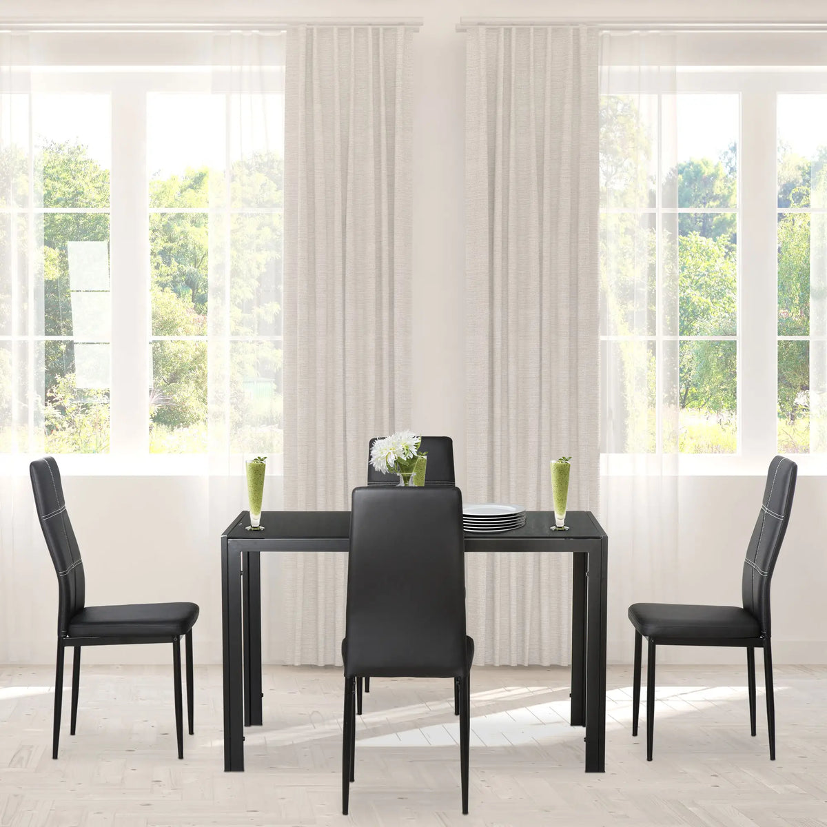5-Piece Rectangular Glass Dining Table, Metal Frame, Faux Leather Chairs, Black Bar Sets at Gallery Canada