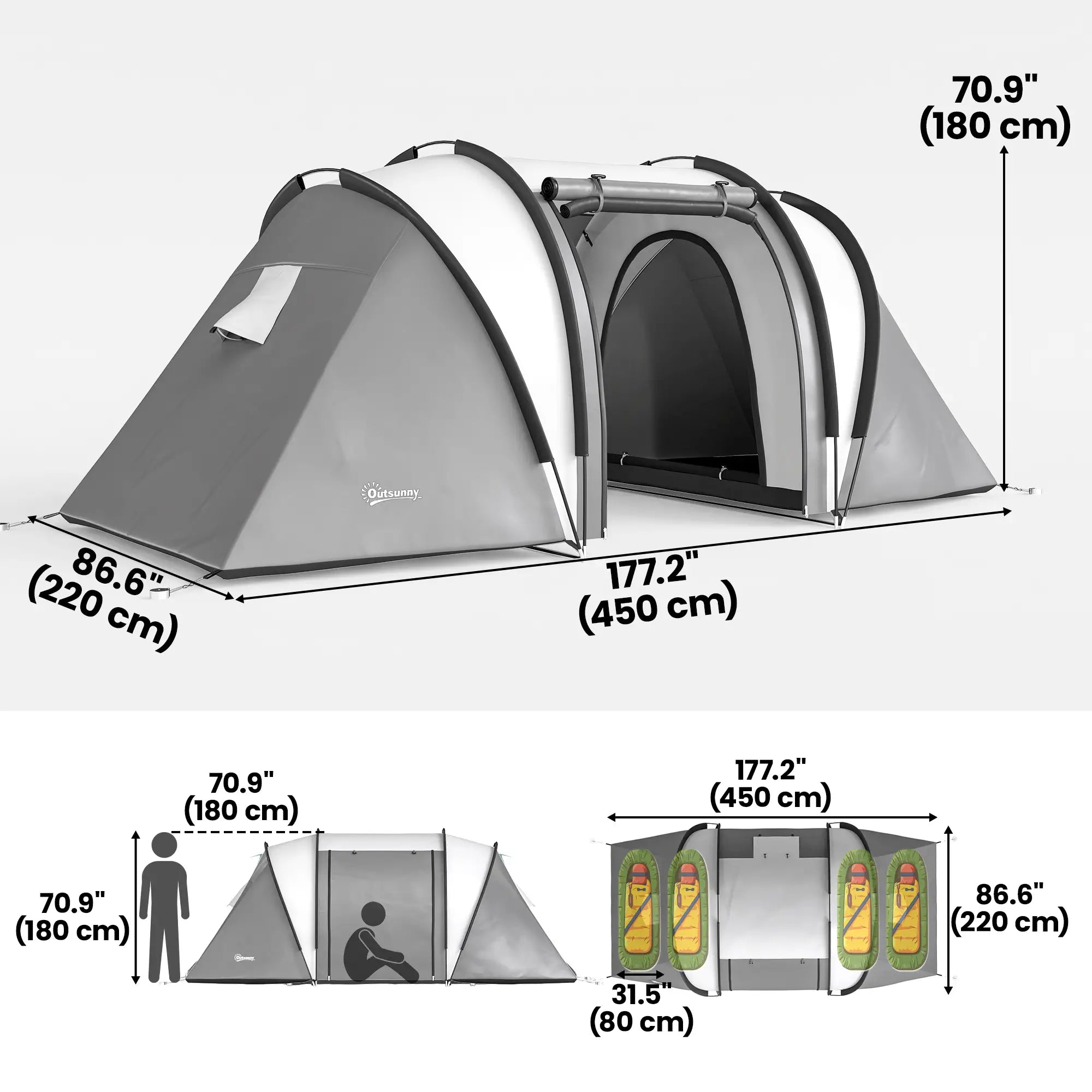 Camping Tent, 2 Bedrooms, Living Area, 3000mm Waterproof, Grey Camping Tents at Gallery Canada