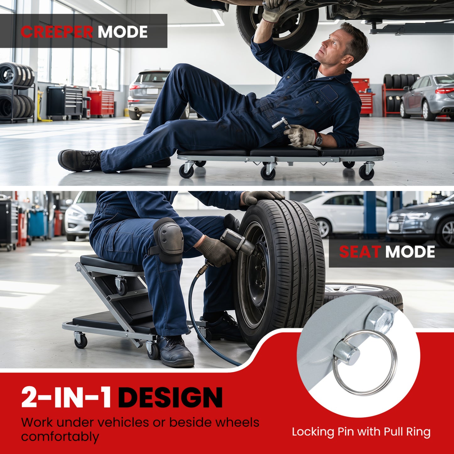 40" 2-in-1 Mechanic Creeper & Seat, Black, Gray