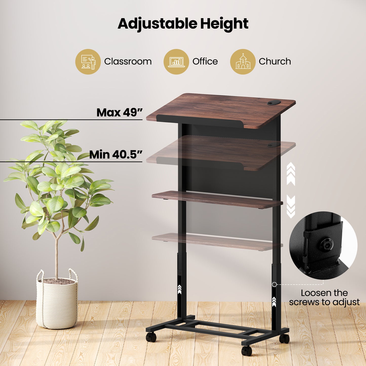 40.5-49 Inch Height Adjustable Rolling Podium Stand Lectern Table, Black Laptop Tables & Printer Stands at Gallery Canada