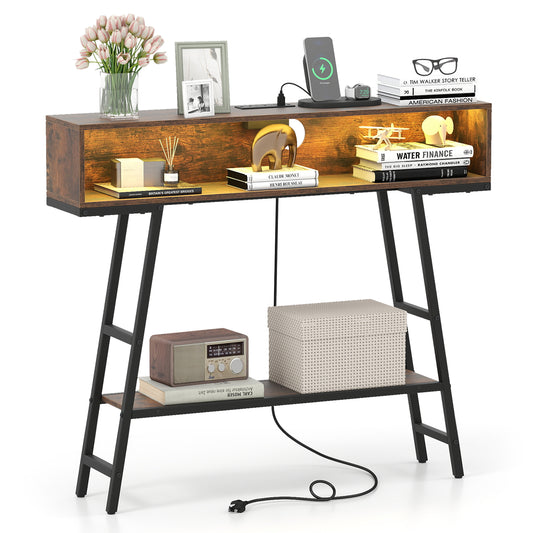 40" Console Table with Charging Station and LED Lights, Rustic Brown Console Tables Rustic Brown at Gallery Canada