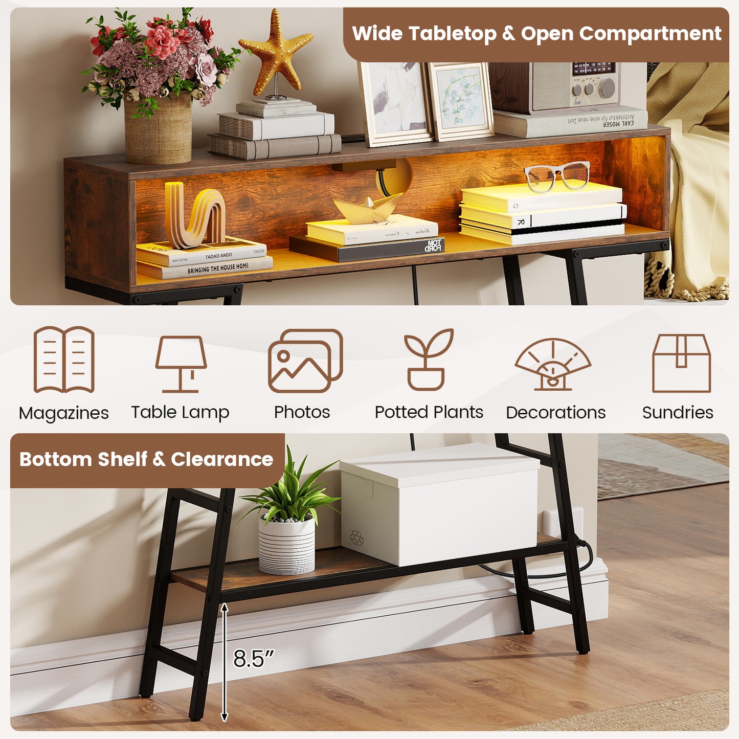 40" Console Table with Charging Station and LED Lights, Rustic Brown Console Tables at Gallery Canada