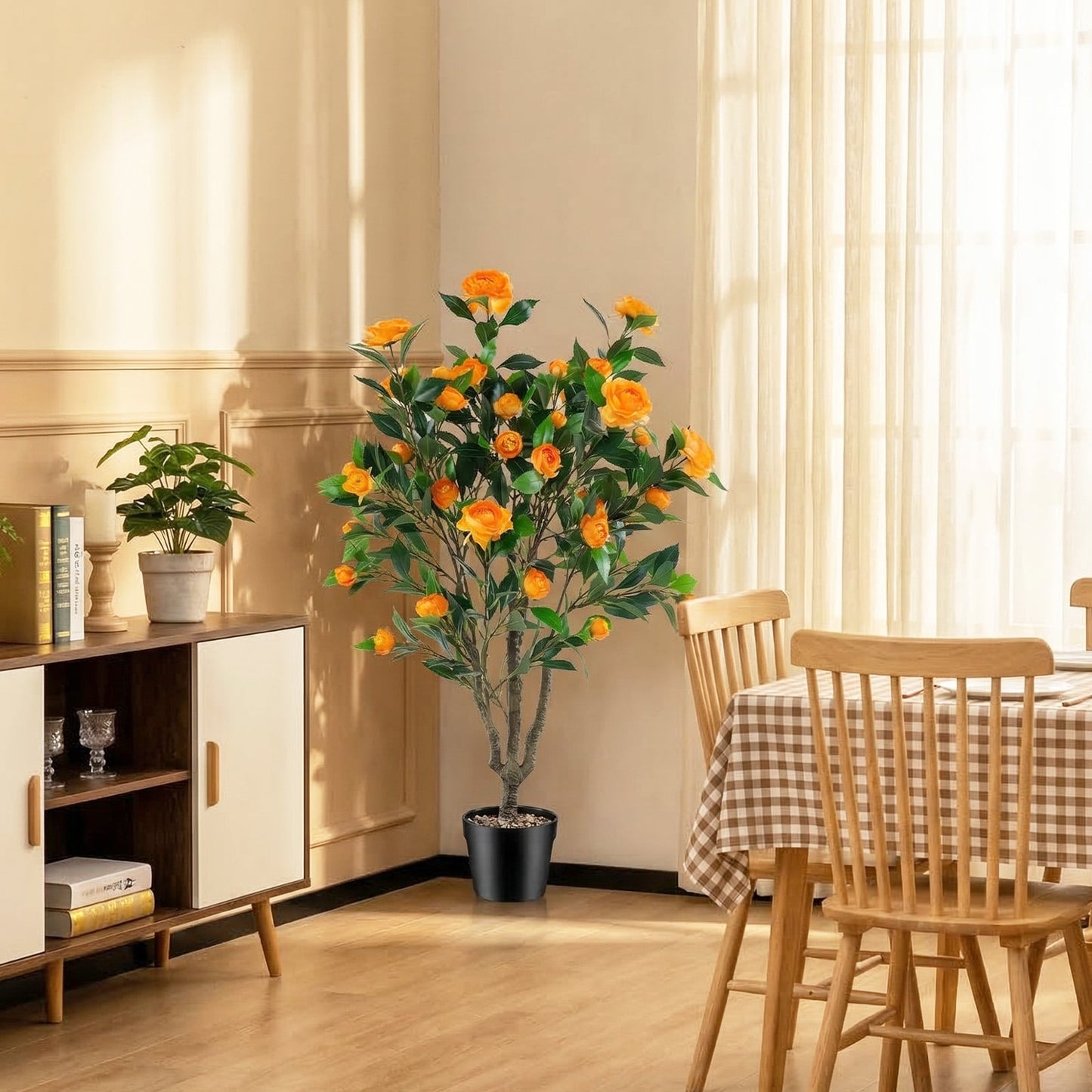 40 Inch Artificial Camellia Tree, 37 Flowers, River Stones, Orange Faux Plants at Gallery Canada
