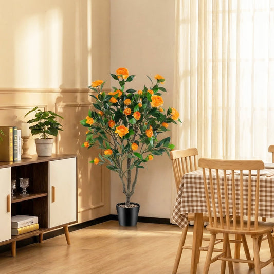 40 Inch Artificial Camellia Tree, 37 Flowers, River Stones, Orange Faux Plants Orange at Gallery Canada