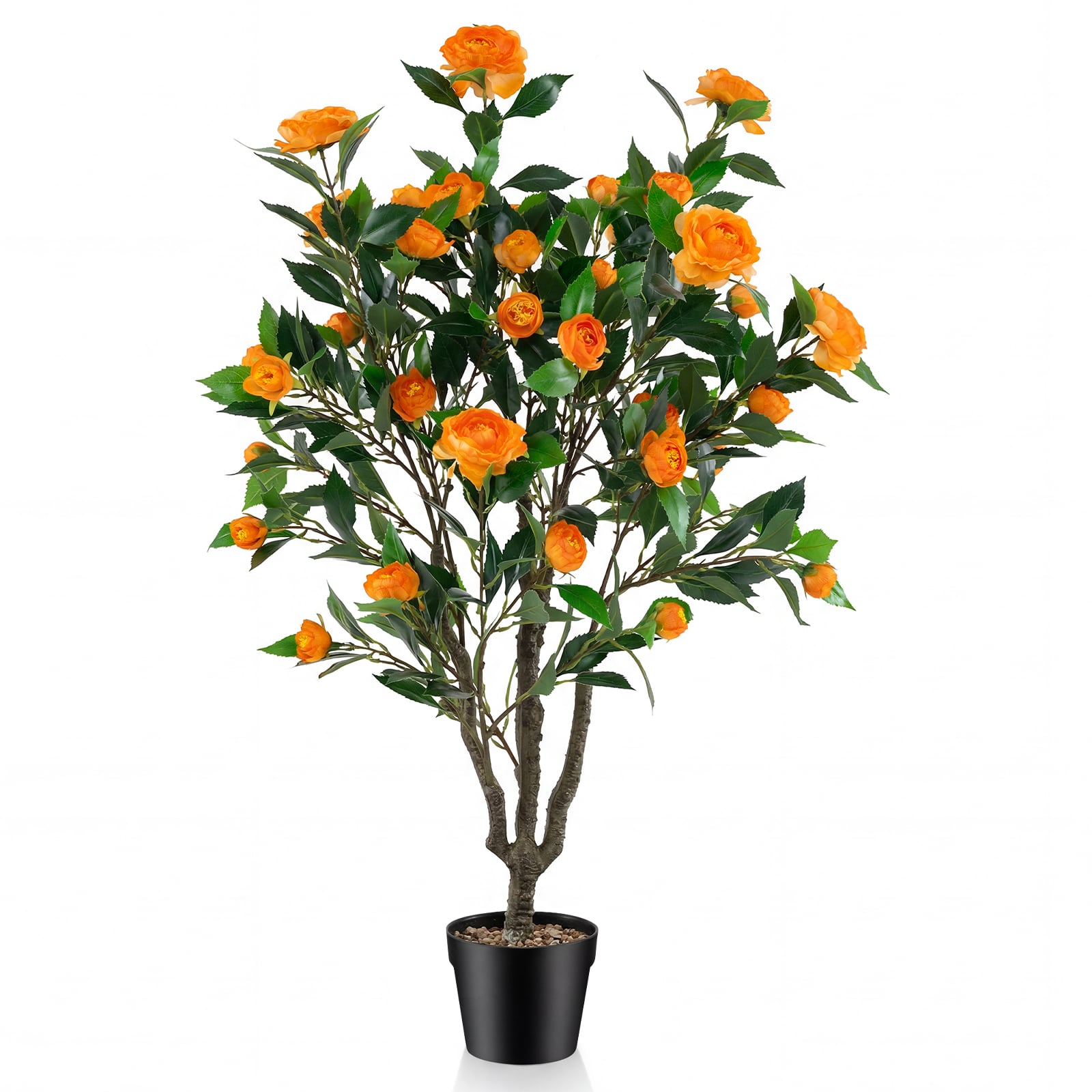 40 Inch Artificial Camellia Tree, 37 Flowers, River Stones, Orange Faux Plants Orange at Gallery Canada