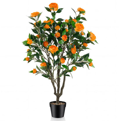 40 Inch Artificial Camellia Tree, 37 Flowers, River Stones, Orange Faux Plants Orange at Gallery Canada