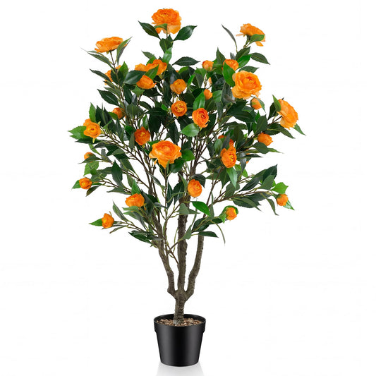 40 Inch Artificial Camellia Tree, 37 Flowers, River Stones, Orange Faux Plants Orange at Gallery Canada