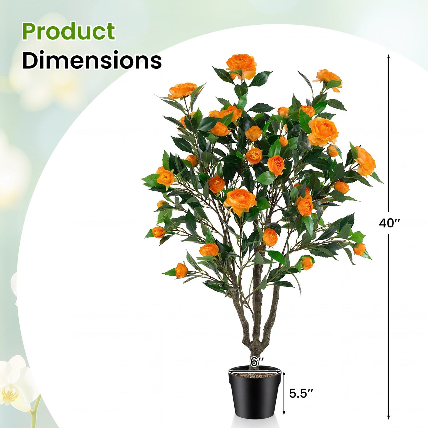 40 Inch Artificial Camellia Tree, 37 Flowers, River Stones, Orange Faux Plants at Gallery Canada