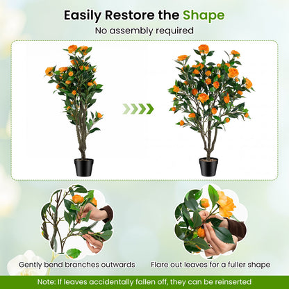 40 Inch Artificial Camellia Tree, 37 Flowers, River Stones, Orange Faux Plants at Gallery Canada