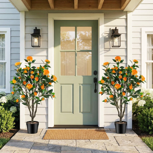40 Inch Artificial Camellia Tree, 37 Flowers, River Stones, 2 Pack, Orange Faux Plants Orange at Gallery Canada