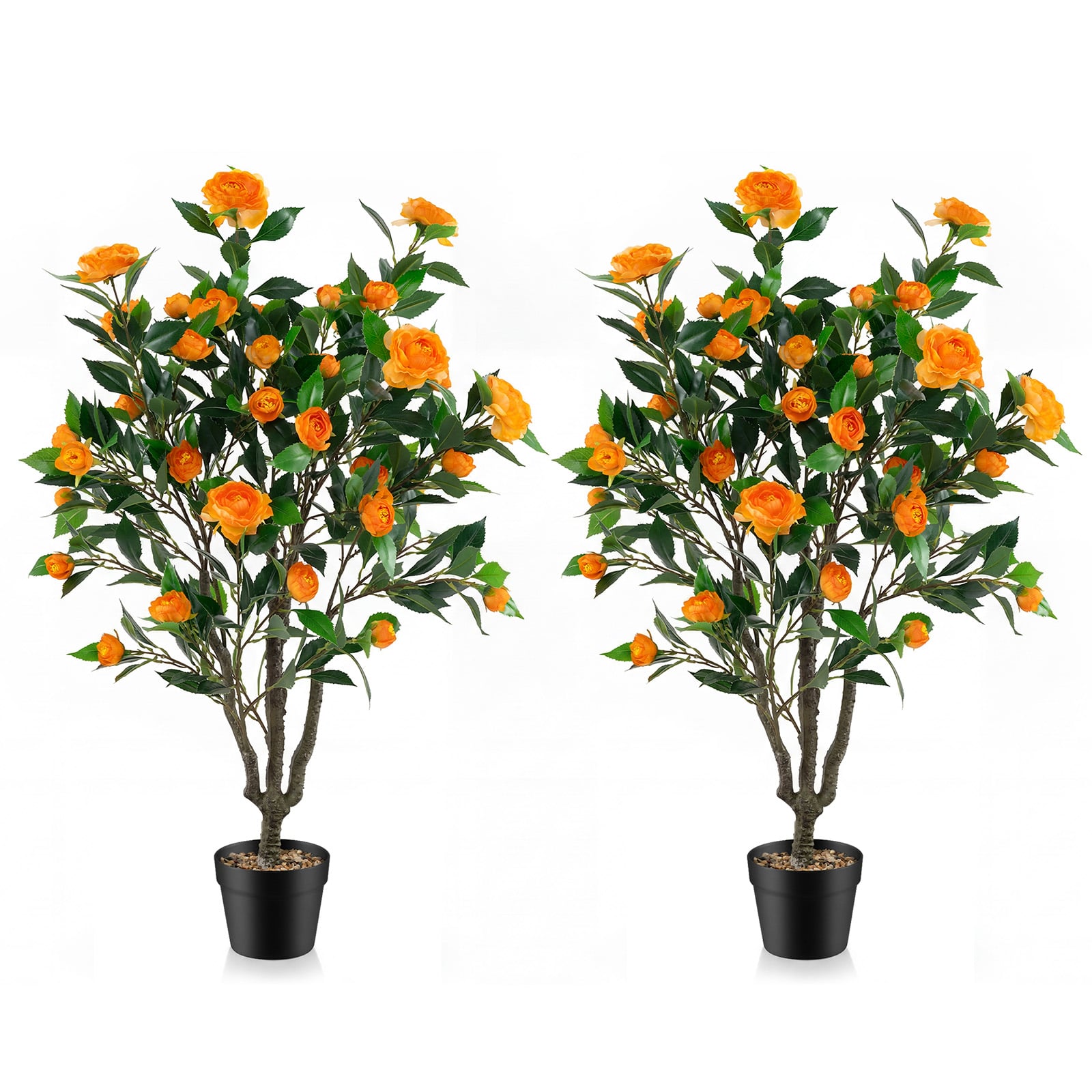 40 Inch Artificial Camellia Tree, 37 Flowers, River Stones, 2 Pack, Orange Faux Plants Orange at Gallery Canada