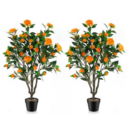 40 Inch Artificial Camellia Tree, 37 Flowers, River Stones, 2 Pack, Orange Faux Plants Orange at Gallery Canada