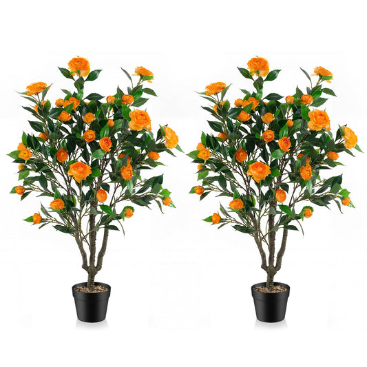 40 Inch Artificial Camellia Tree, 37 Flowers, River Stones, 2 Pack, Orange Faux Plants Orange at Gallery Canada