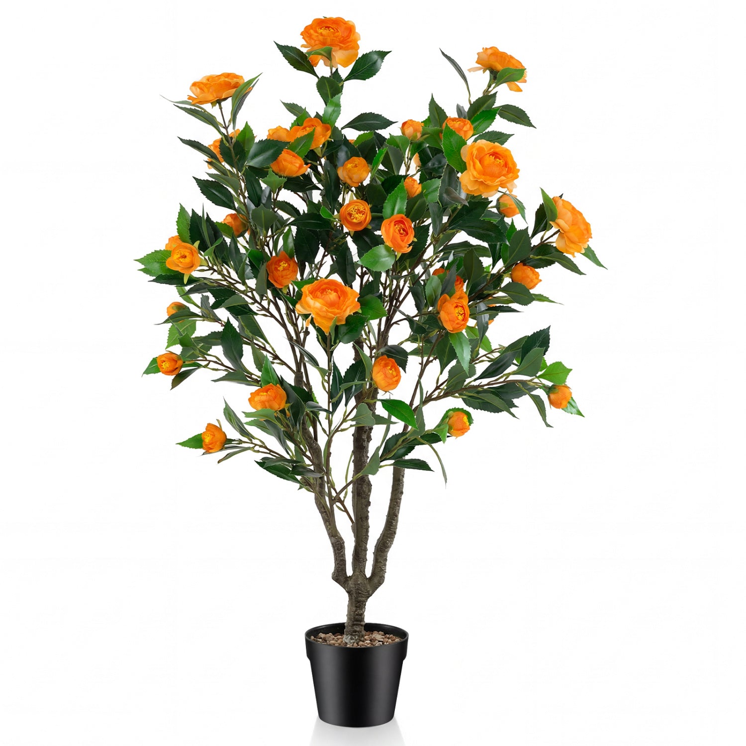 40 Inch Artificial Camellia Tree, 37 Flowers, River Stones, Orange Faux Plants Orange at Gallery Canada