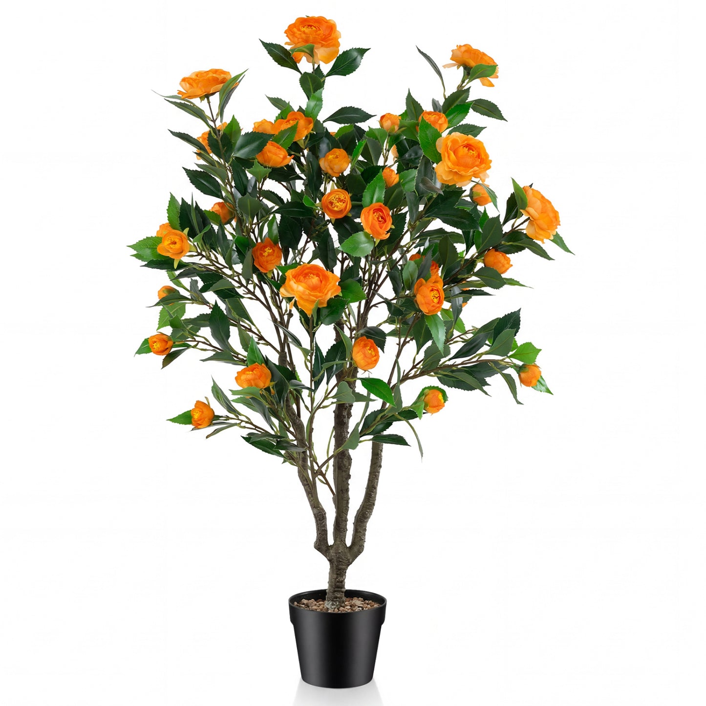40 Inch Artificial Camellia Tree, 37 Flowers, River Stones, Orange Faux Plants Orange at Gallery Canada