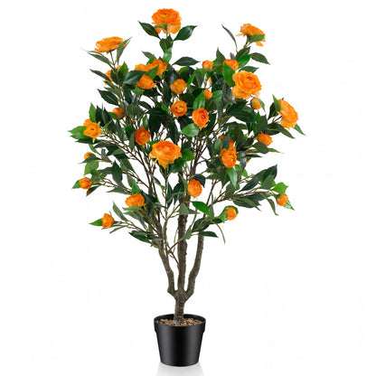 40 Inch Artificial Camellia Tree, 37 Flowers, River Stones, Orange Faux Plants Orange at Gallery Canada