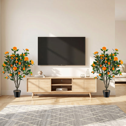 40 Inch Artificial Camellia Tree, 37 Flowers, River Stones, Orange Faux Plants at Gallery Canada
