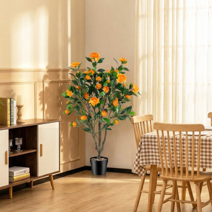 40 Inch Artificial Camellia Tree, 37 Flowers, River Stones, Orange Faux Plants at Gallery Canada