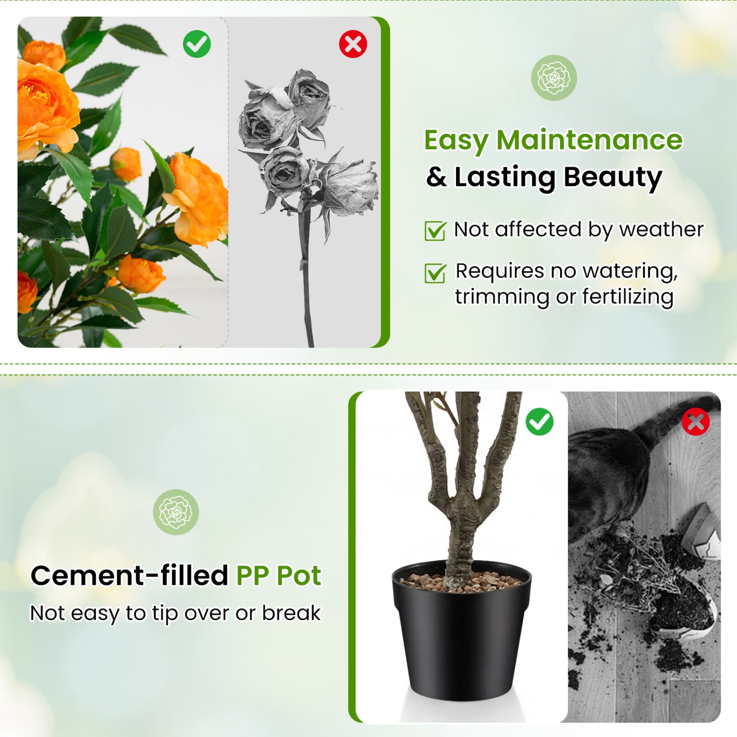 40 Inch Artificial Camellia Tree, 37 Flowers, River Stones, Orange Faux Plants at Gallery Canada