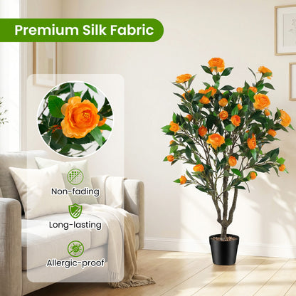 40 Inch Artificial Camellia Tree, 37 Flowers, River Stones, Orange Faux Plants at Gallery Canada