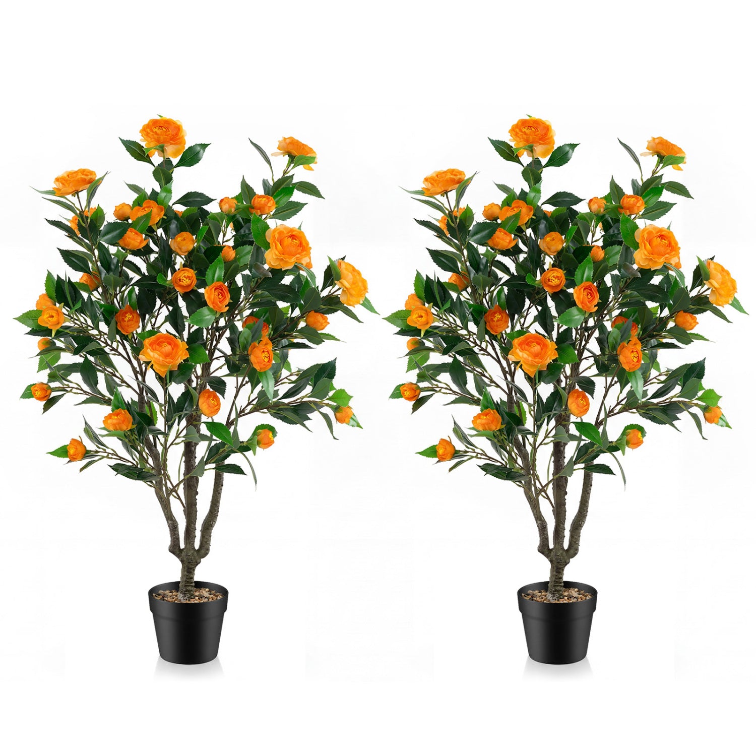 40 Inch Artificial Camellia Tree, 37 Flowers, River Stones, 2 Pack, Orange Faux Plants Orange at Gallery Canada